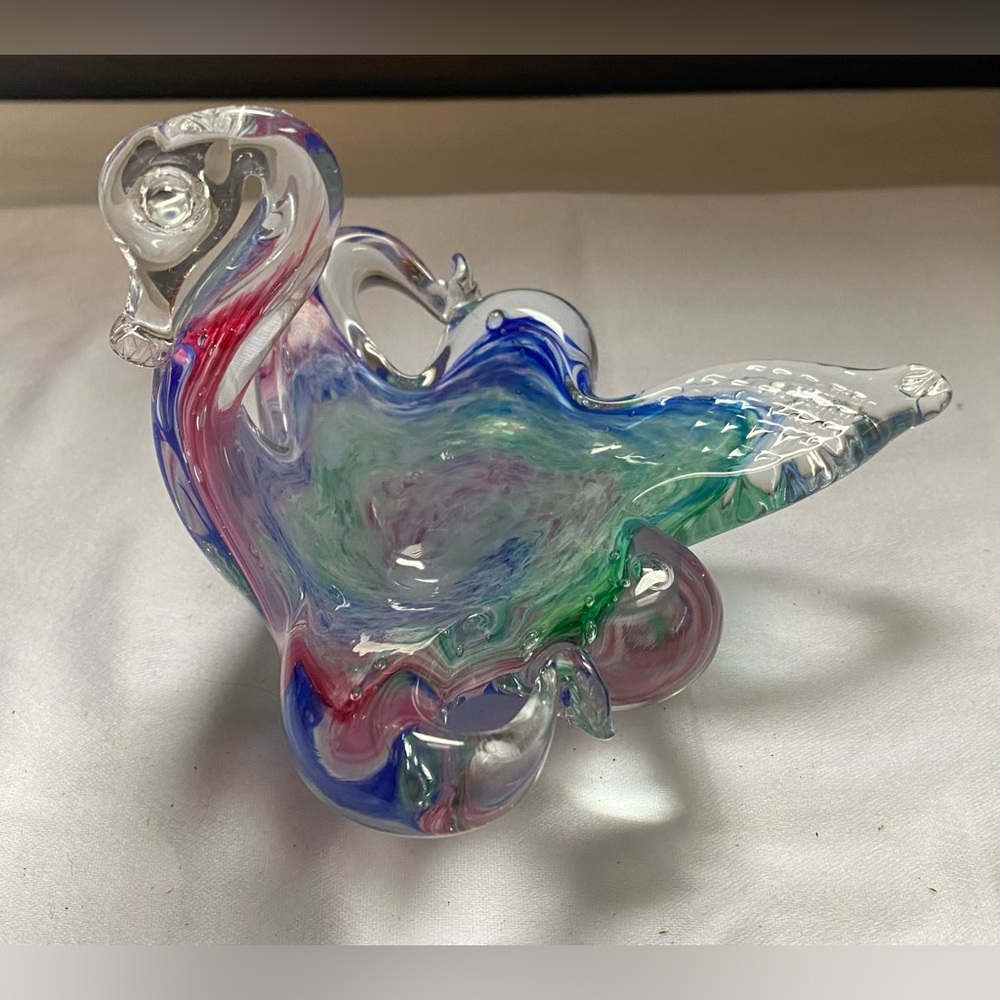 Vintage hand-blown art glass swan trinket dish / decorative accent- Murano?
